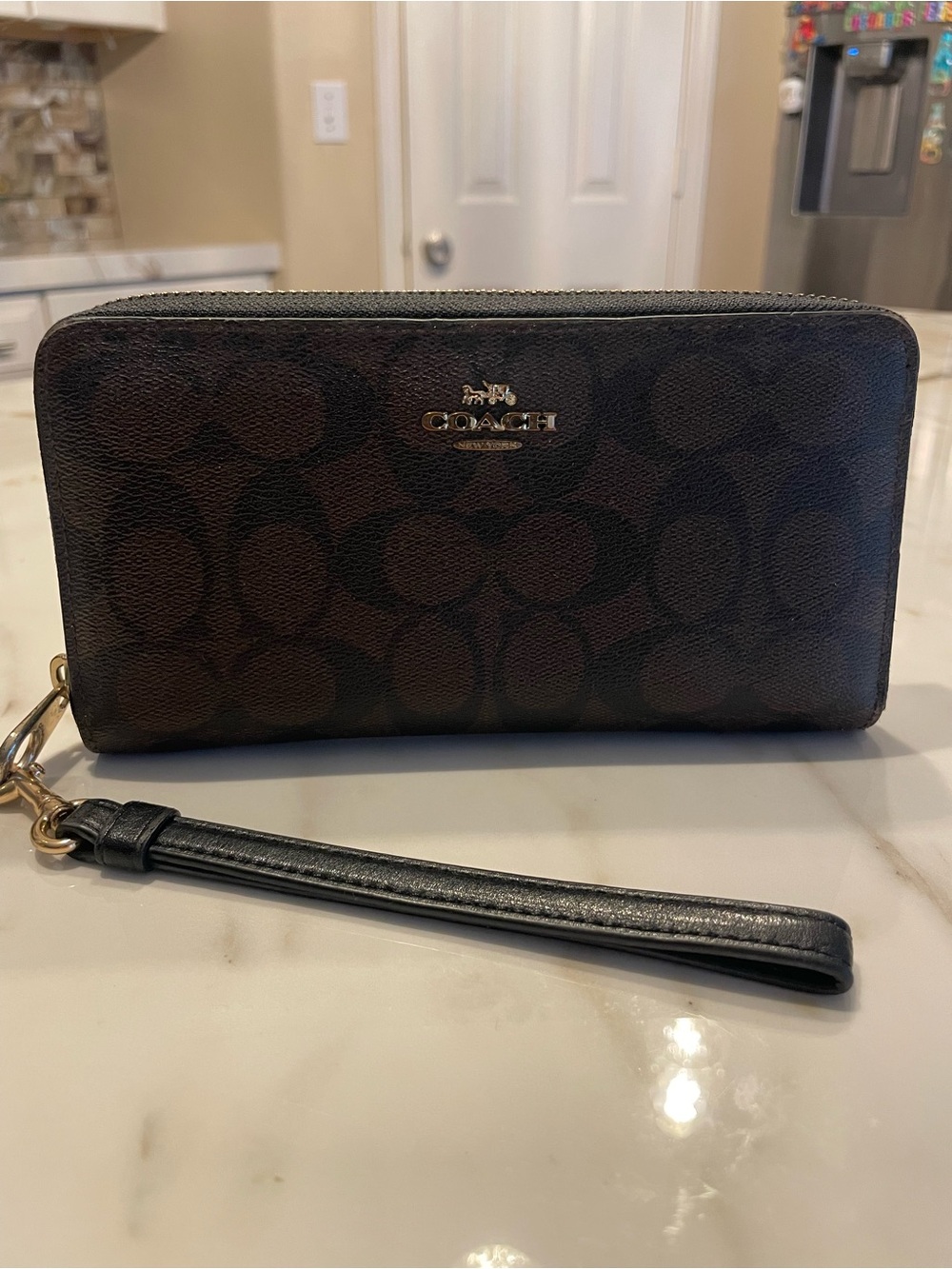 Coach Brown Signature Zip Wristlet with Black Strap